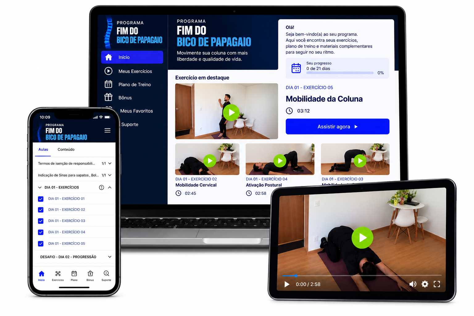 Programa Fim do Bico de Papagaio sendo acessado no notebook, celular e tablet